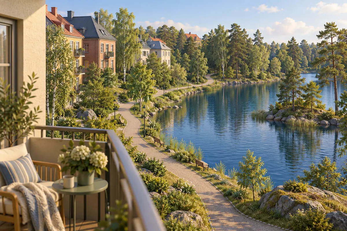 Illustration för dig som vill byta lägenhet i Växjö med sjörunda och skog.