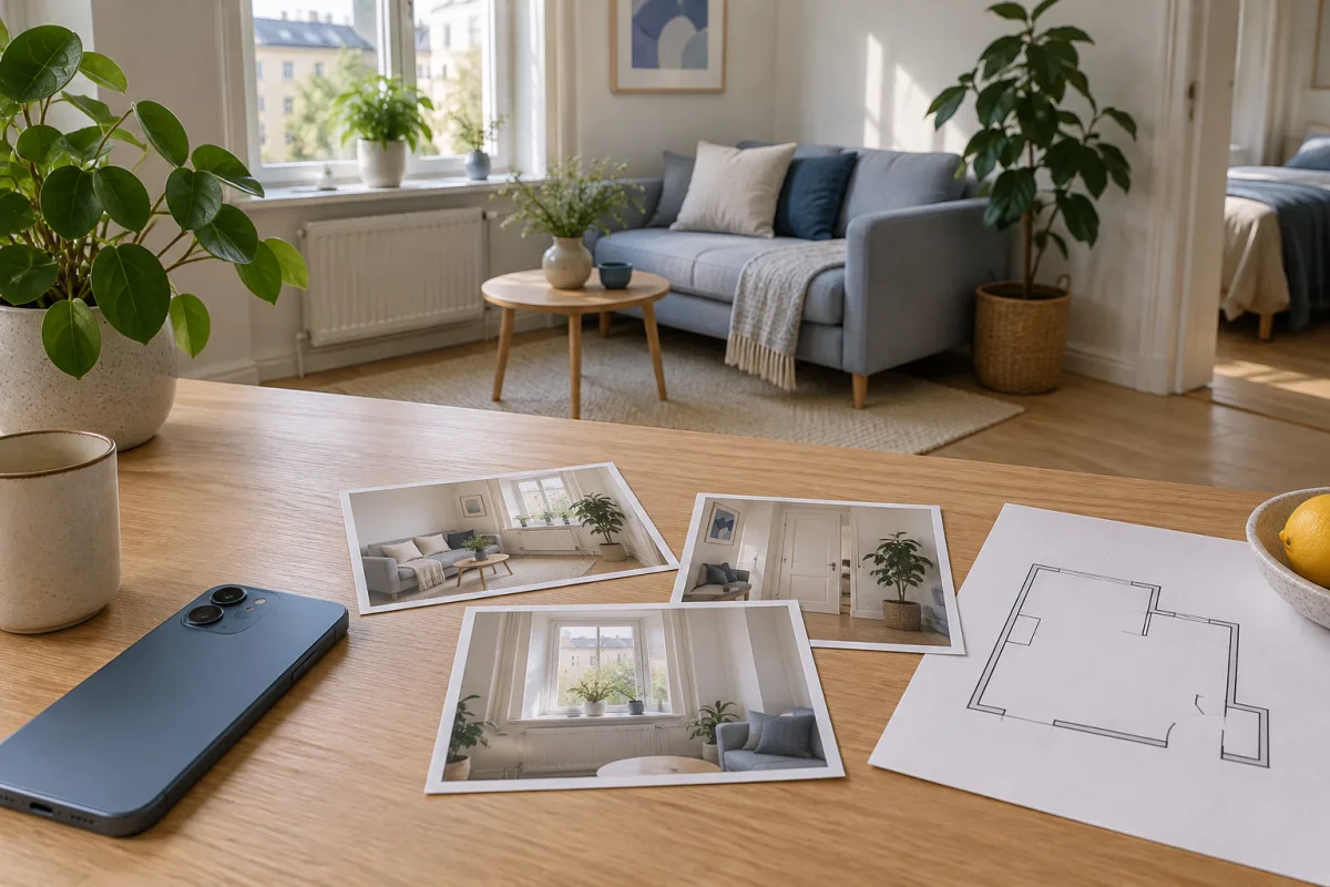 Lägenhetsbyte: annons med bostadsbilder och planritning, illustrerat