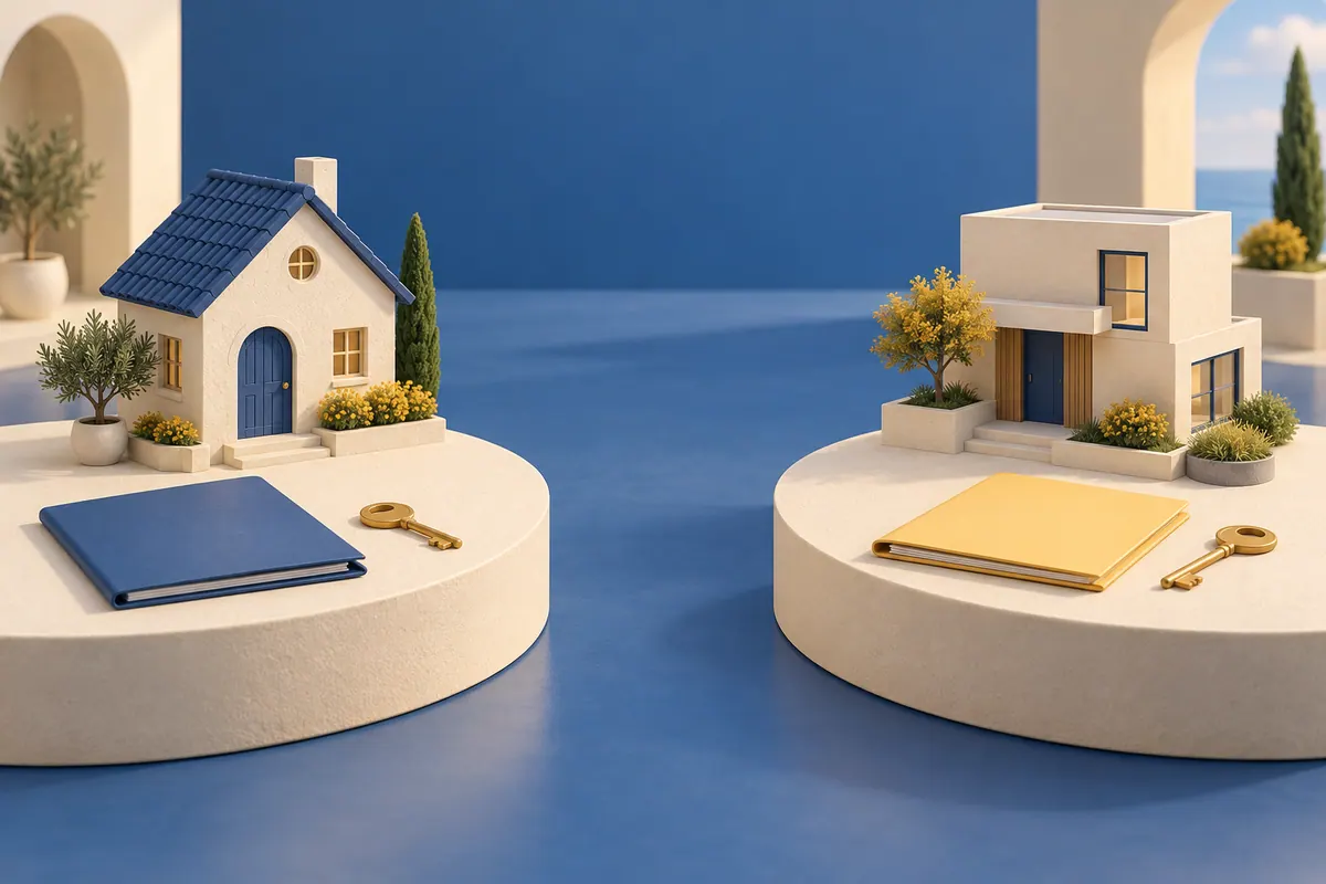 Illustration om lägenhetsbyte och bostadsrätt med två bostäder och separata dokument.