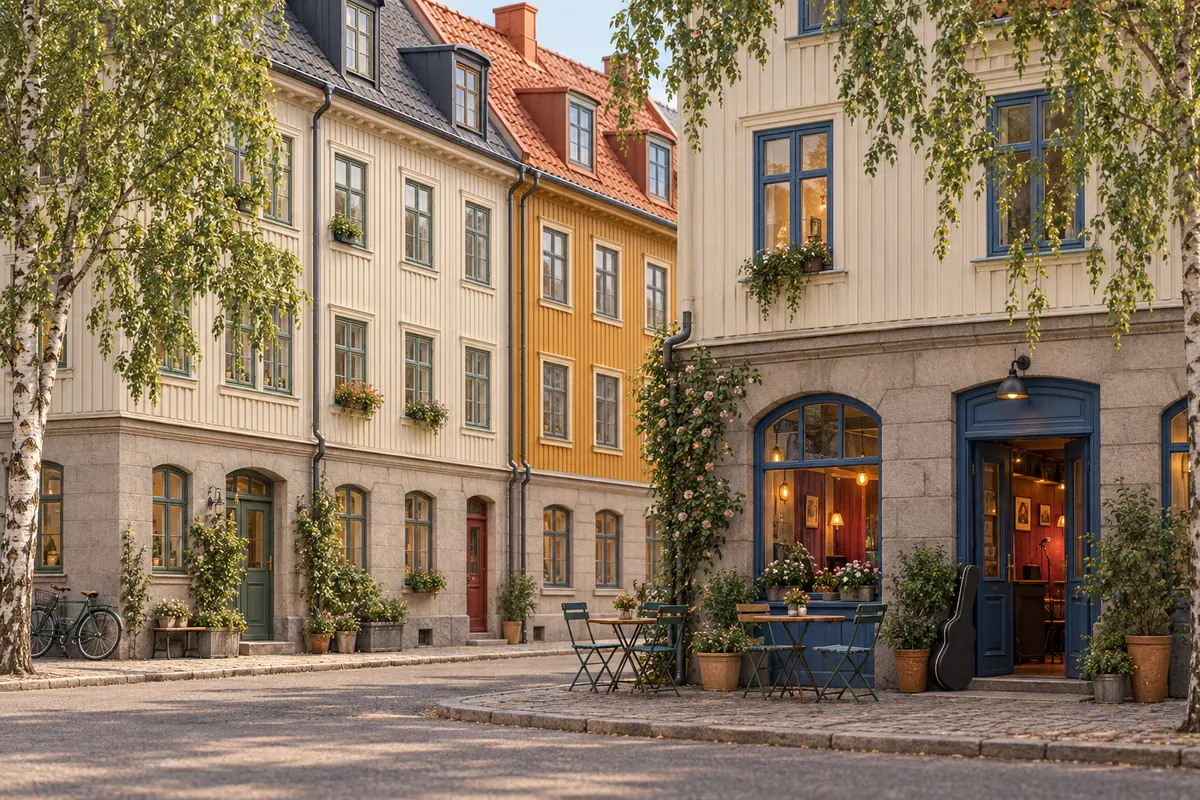 Illustration för lägenhetsbyte i Göteborg med kvarterskafé och musikliv.