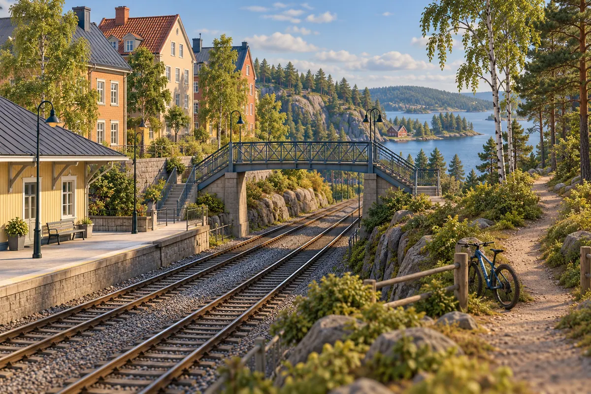 Illustration för lägenhetsbyte i Haninge med station, gångbro och skogssjö.