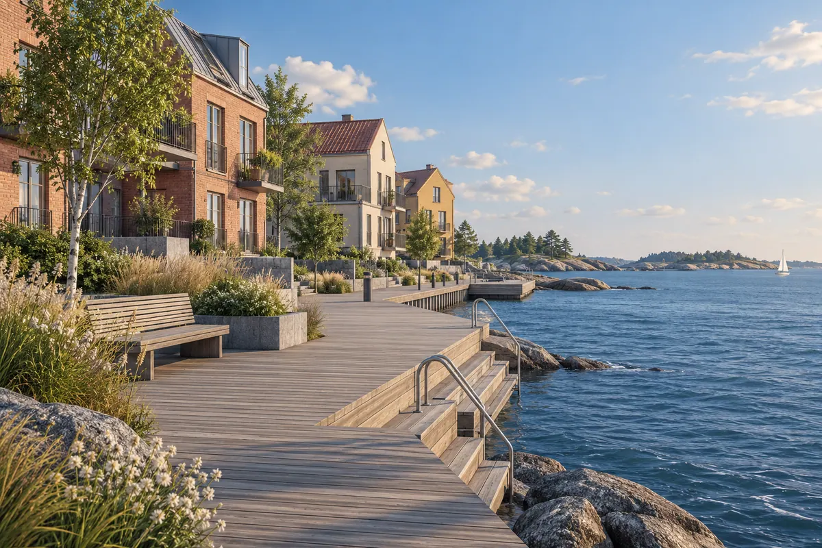 Illustration för lägenhetsbyte i Helsingborg med trädäck och strandpromenad.