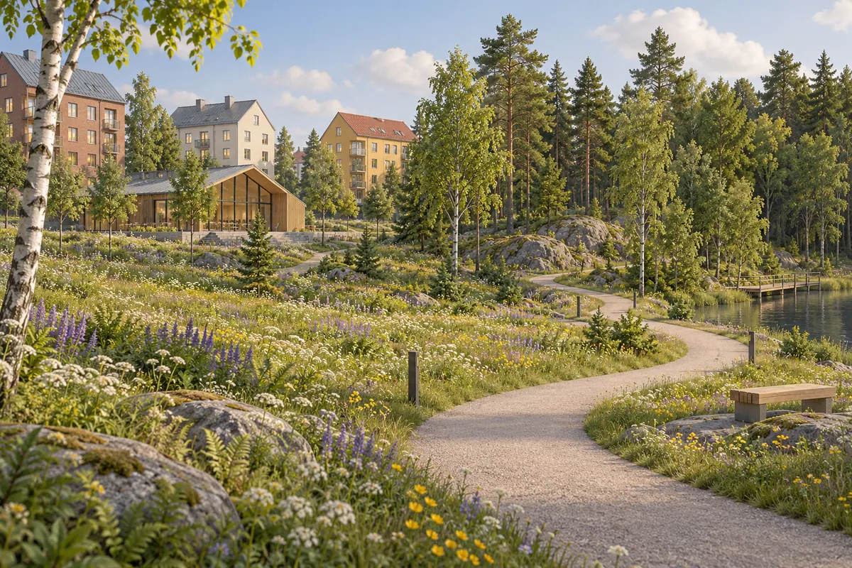 Illustration för lägenhetsbyte i Huddinge med ängsslinga vid skogsbrynet.
