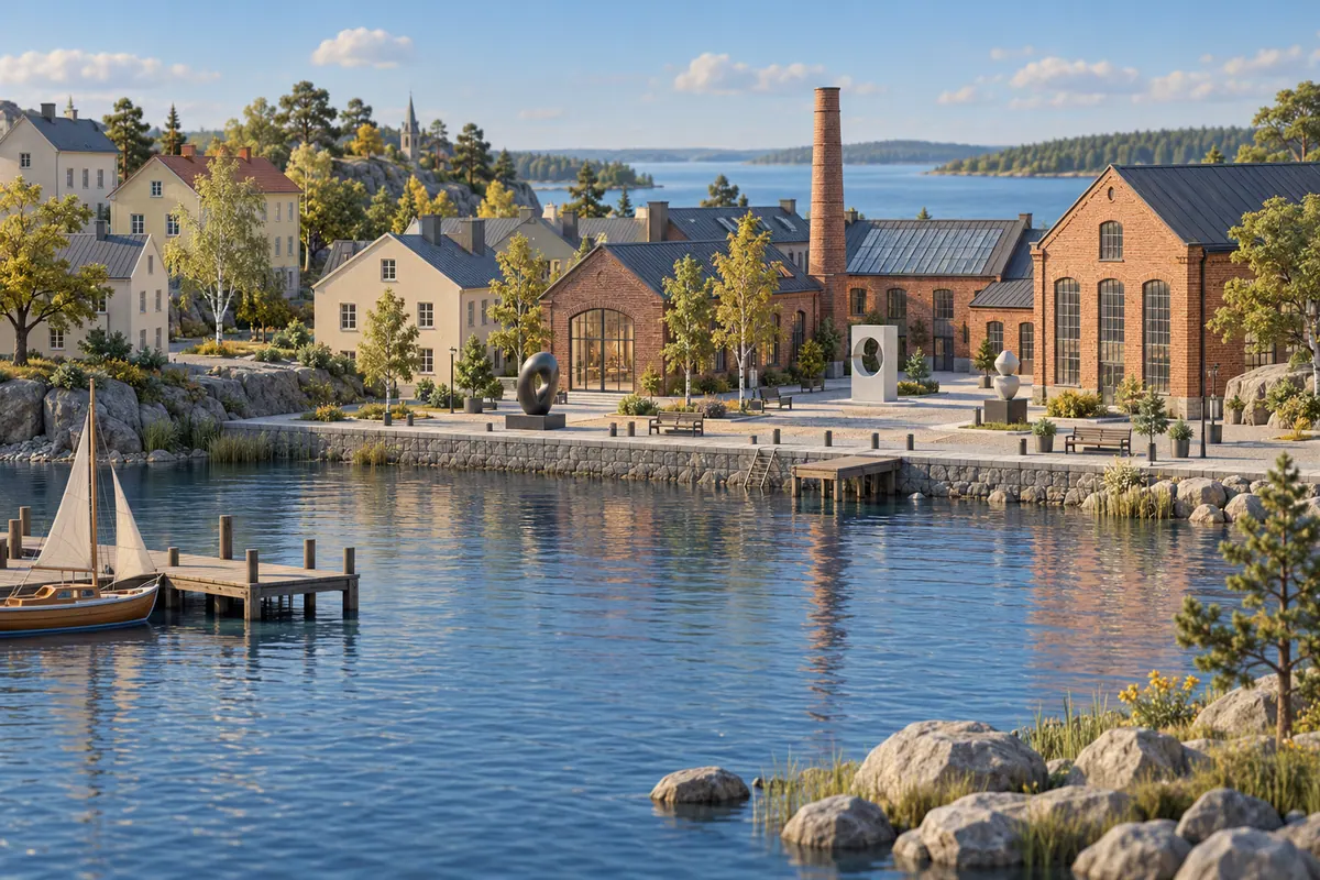 Illustration för lägenhetsbyte i Jönköping med sjöstrand och kulturkvarter.