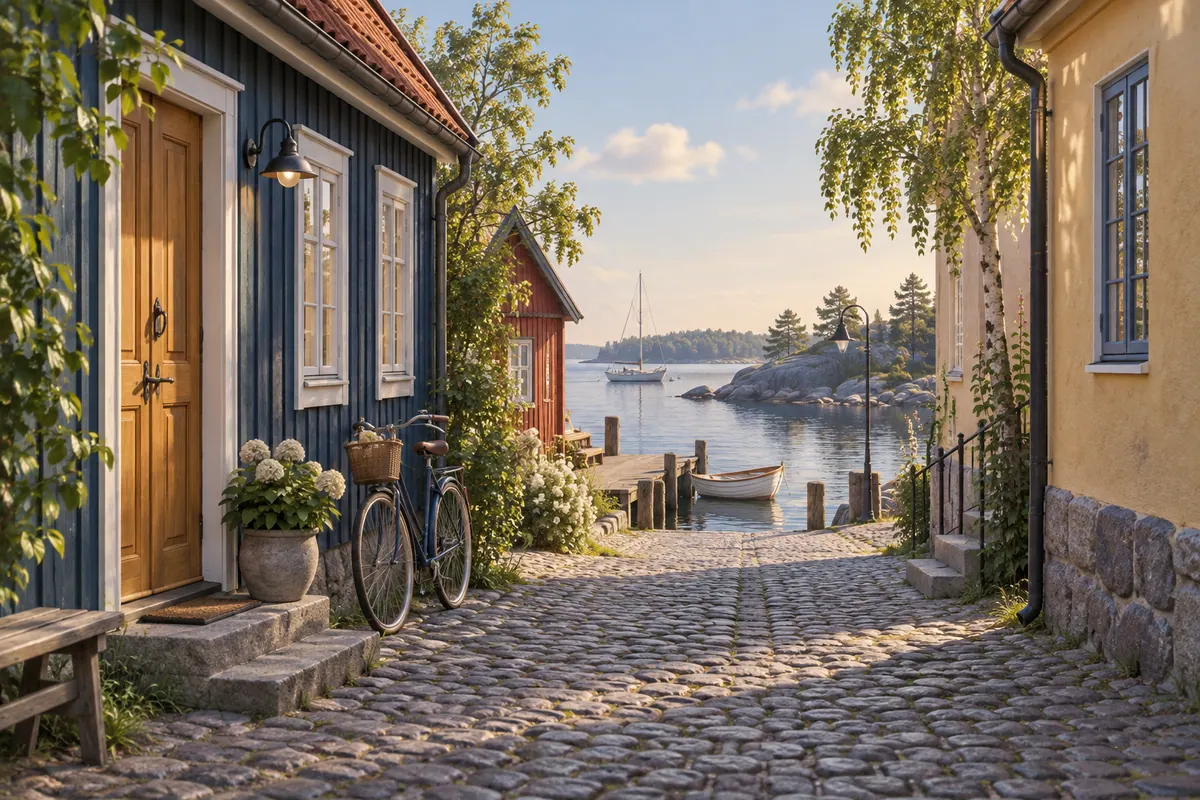 Illustration för lägenhetsbyte i Kalmar med trähusgränd och vattenkant.