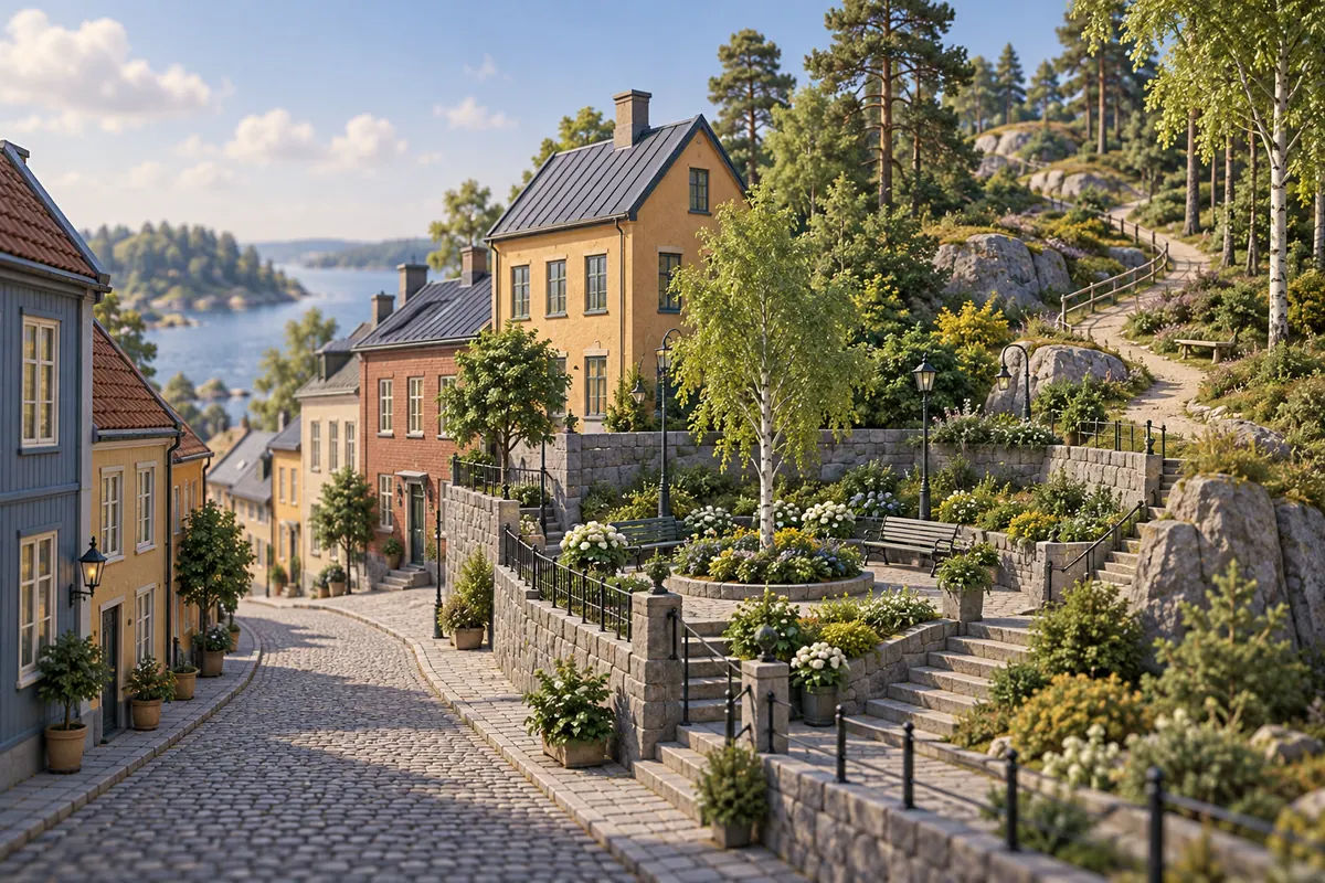 Illustration för lägenhetsbyte i Kungälv med kullerstensgata och skogsstig.