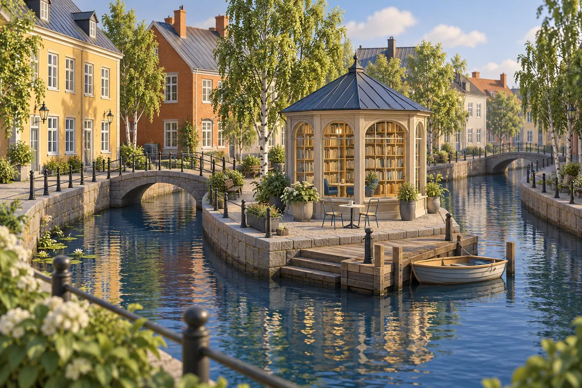Illustration för lägenhetsbyte i Kungsbacka med åmiljö och bibliotekskvarter.