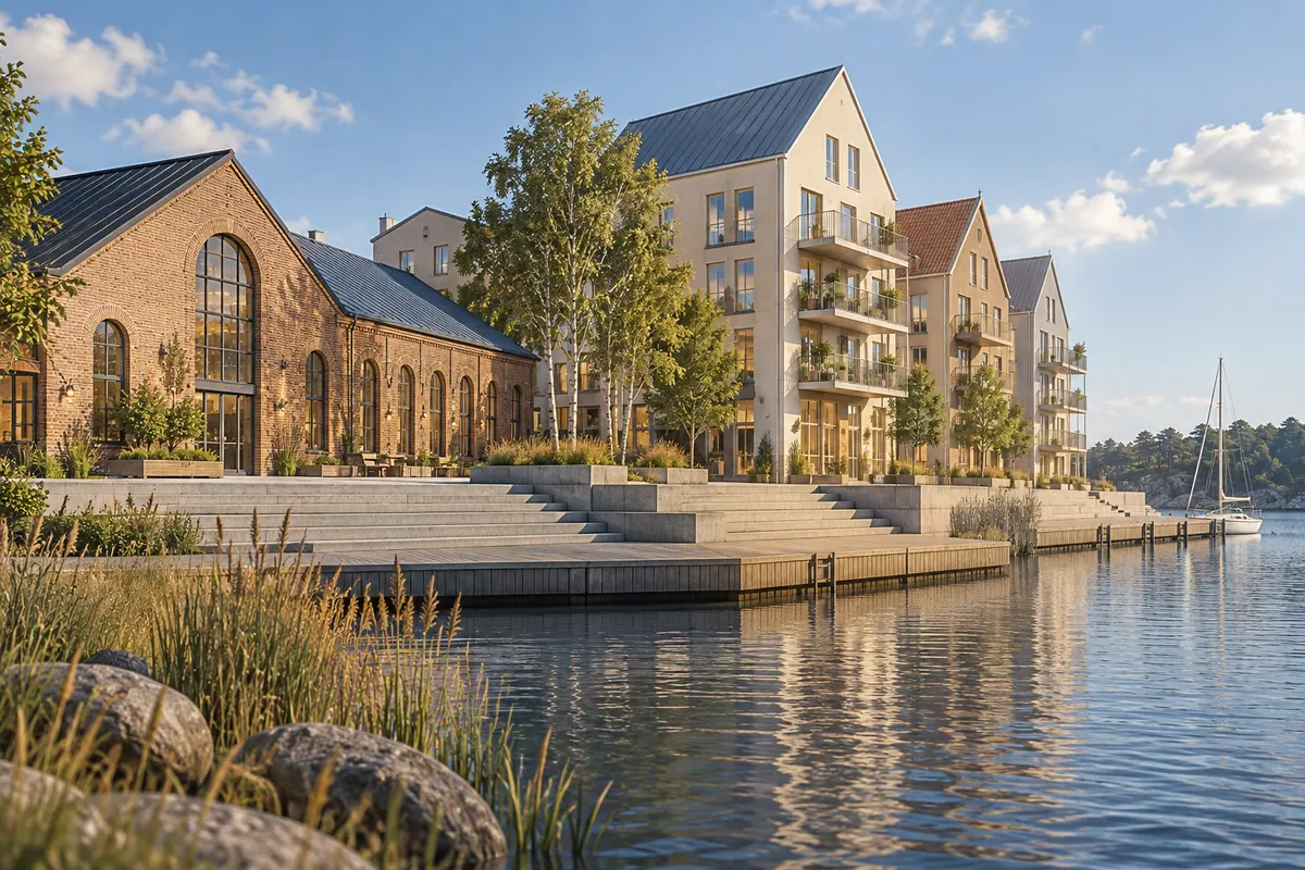 Lägenhetsbyte på Lidingö – illustration av industrikaj och nyare bostadskvarter.