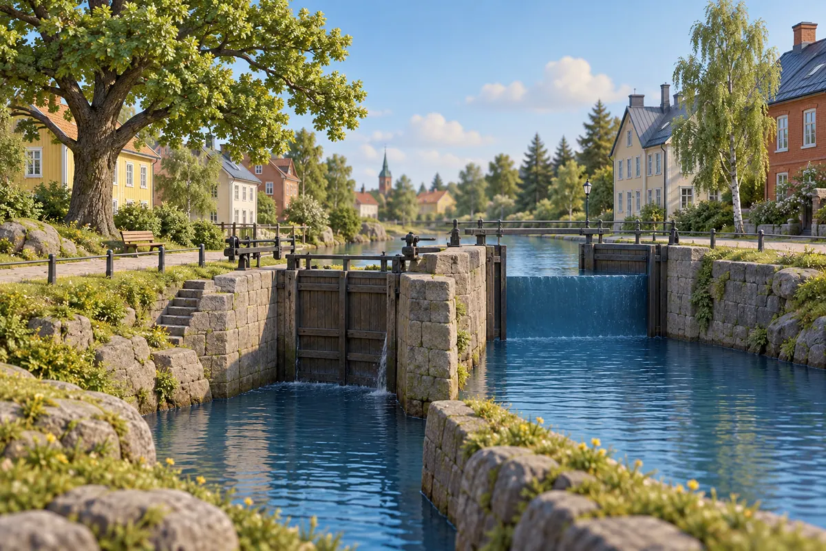 Illustration för lägenhetsbyte i Linköping med kanal, sluss och eklandskap.