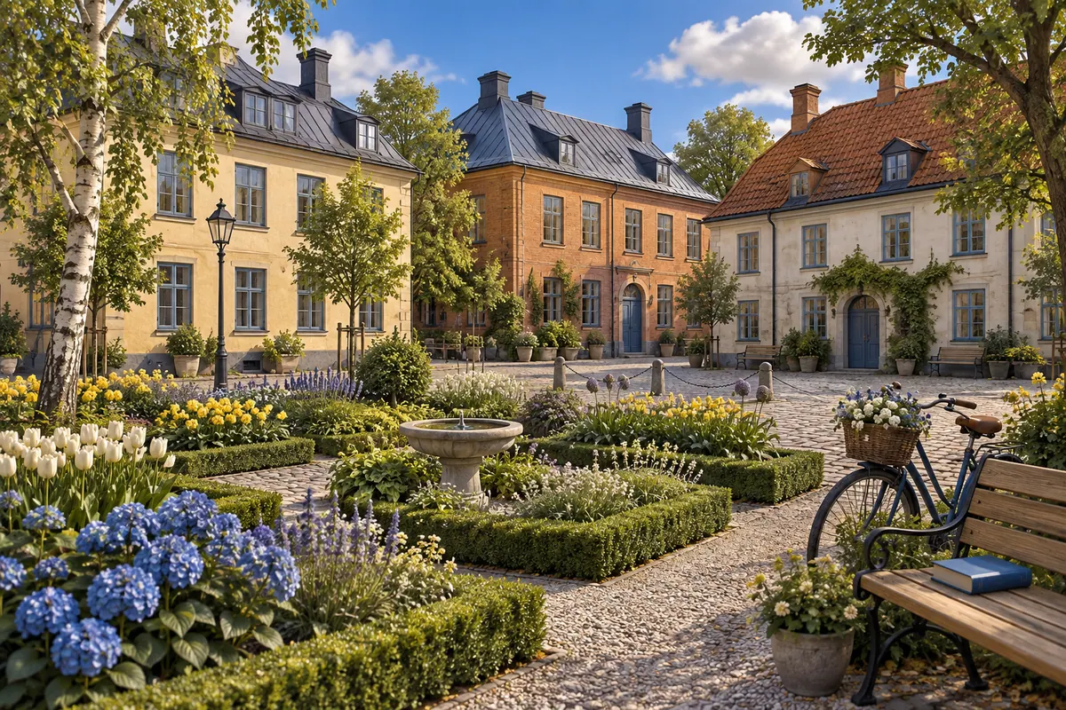 Illustration för lägenhetsbyte i Lund med botaniska rabatter och kulturkvarter.