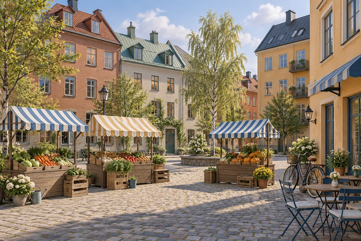 Illustration för lägenhetsbyte i Malmö med torghandel och kvartersliv.