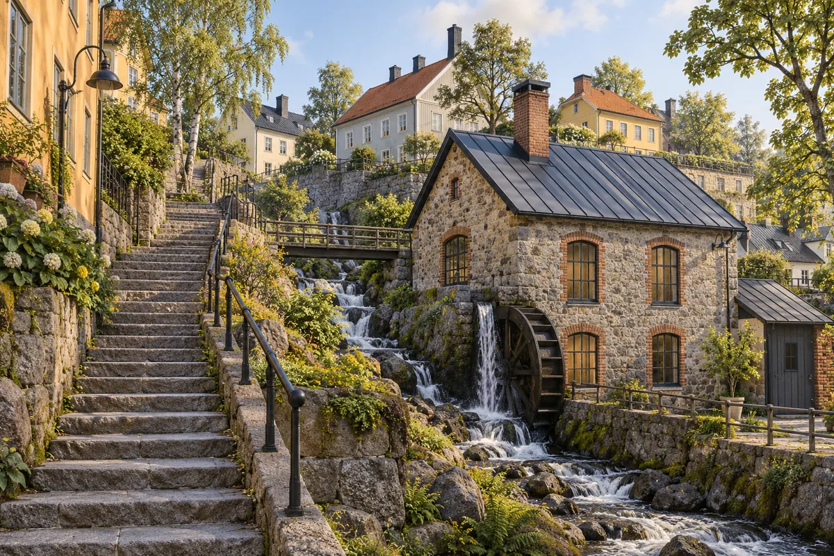 Illustration för lägenhetsbyte i Mölndal med branta gränder och äldre kvarnmiljö.