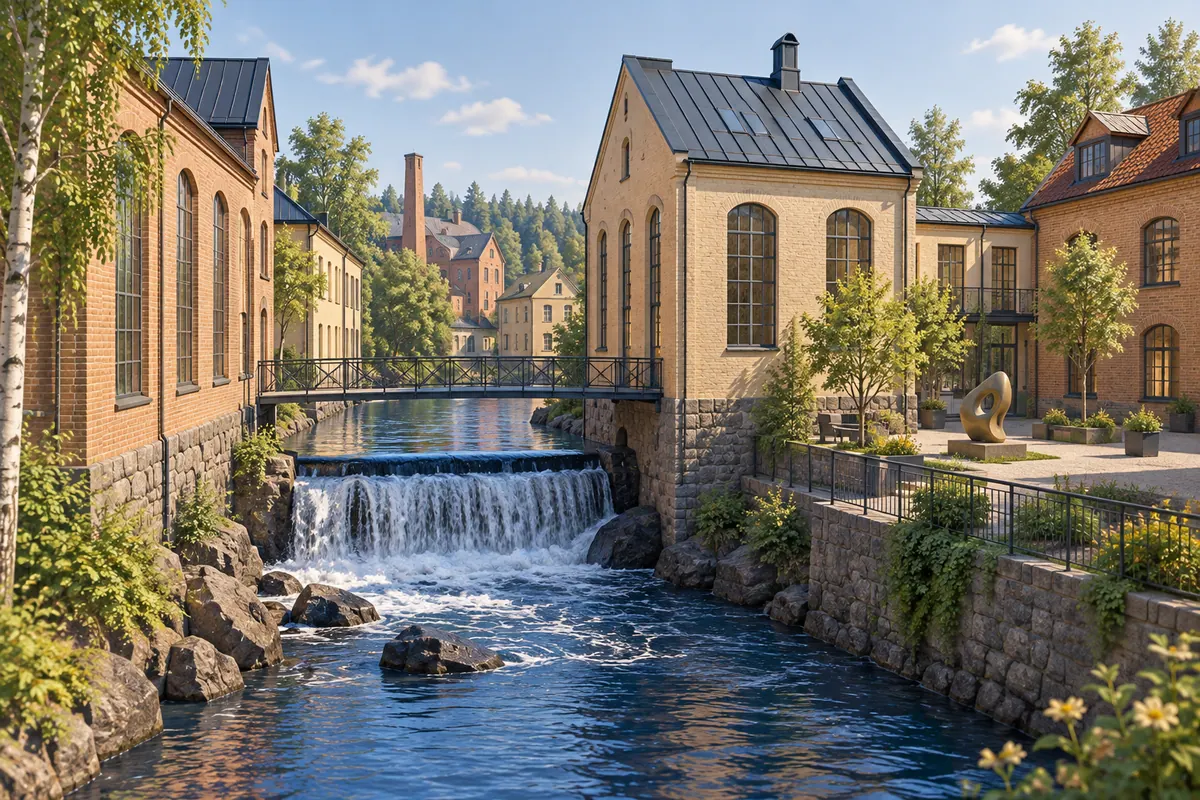 Illustration för lägenhetsbyte i Norrköping med tegelmiljöer och strömmande vatten.