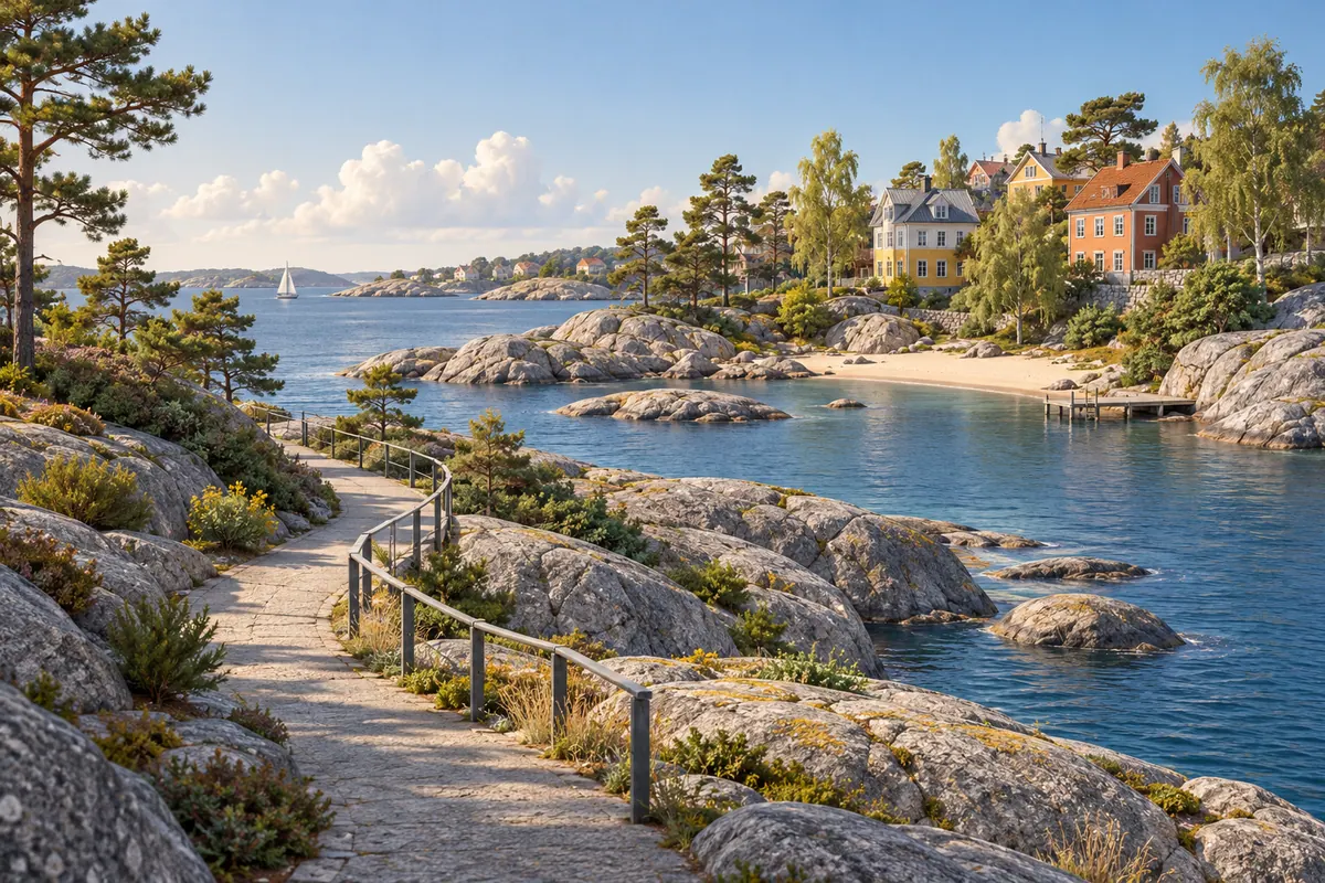 Illustration för lägenhetsbyte i Nynäshamn med stenig kust och promenadväg.