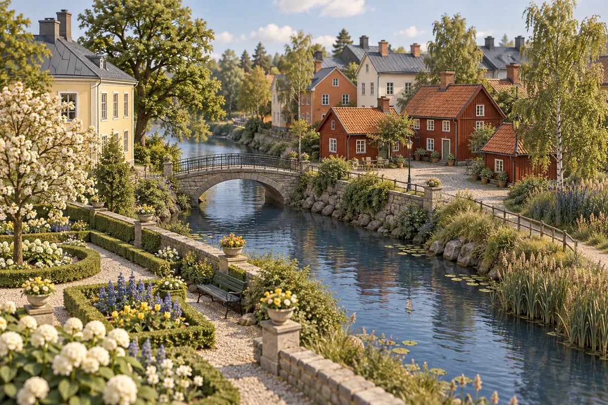 Illustration för lägenhetsbyte i Örebro med åstråk, park och träkvarter.