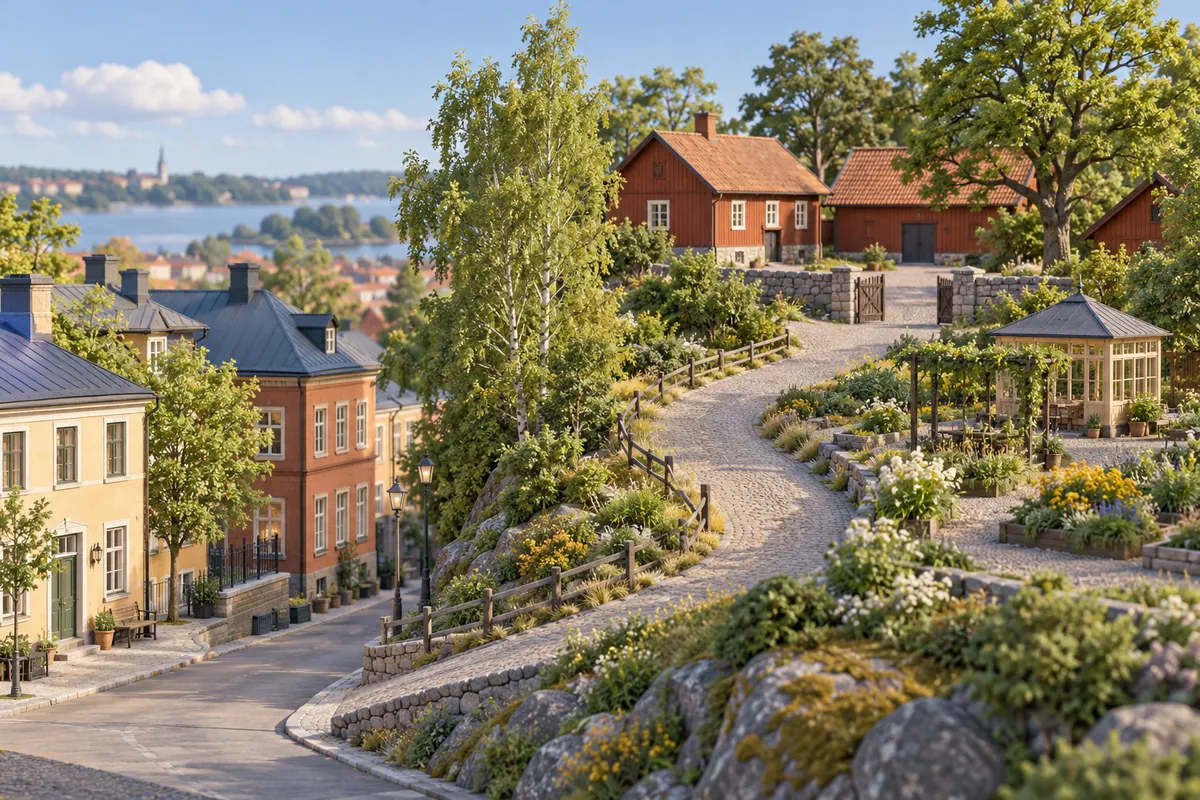 Illustration för lägenhetsbyte i Södertälje med höjd med historisk gård och park.