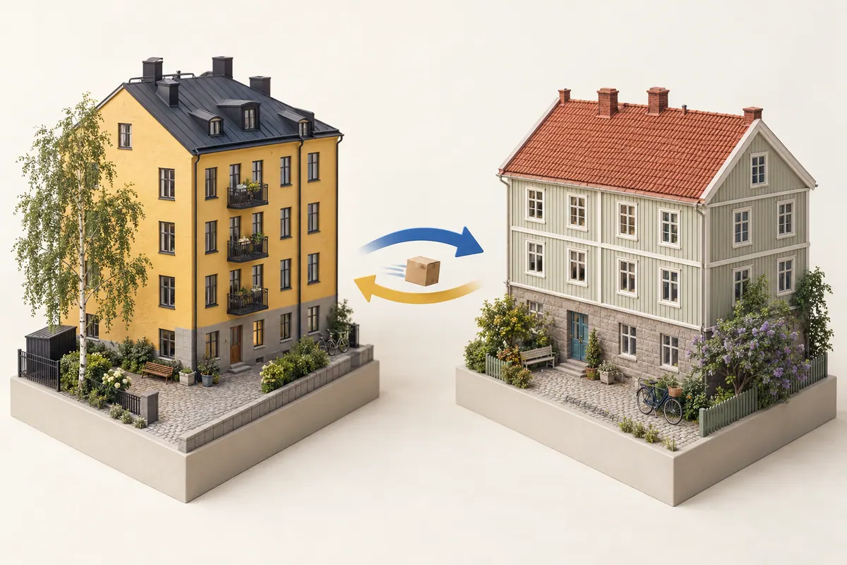 Illustration av lägenhetsbyte mellan Stockholm och Göteborg med två stadsmiljöer och en flyttlåda.