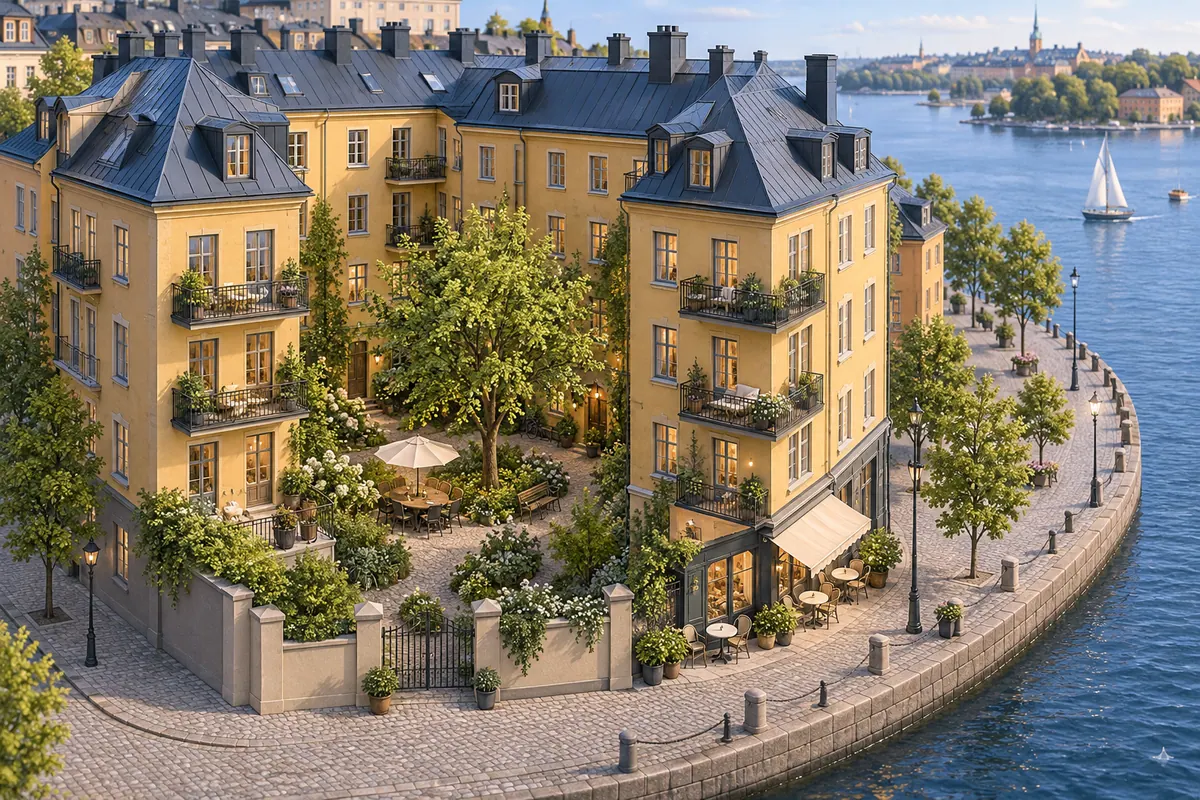 Illustration för lägenhetsbyte i Stockholm med stadskvarter och vattenpromenad.