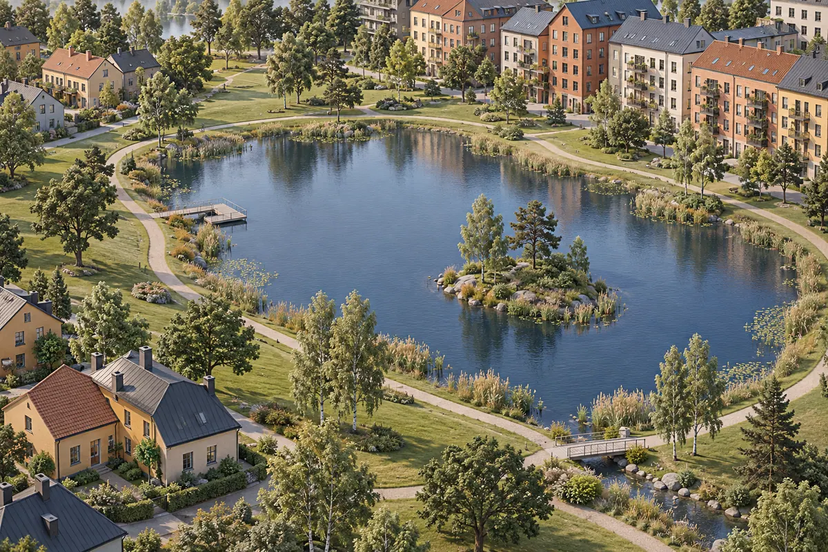 Illustration för lägenhetsbyte i Sundbyberg med sjöpark mellan olika bostadskvarter.