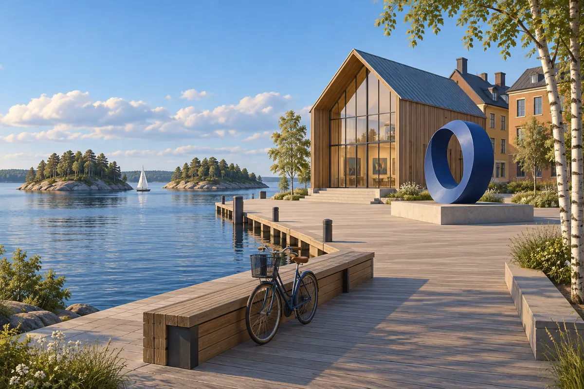 Illustration för lägenhetsbyte i Umeå med strandpromenad och konstmiljö.