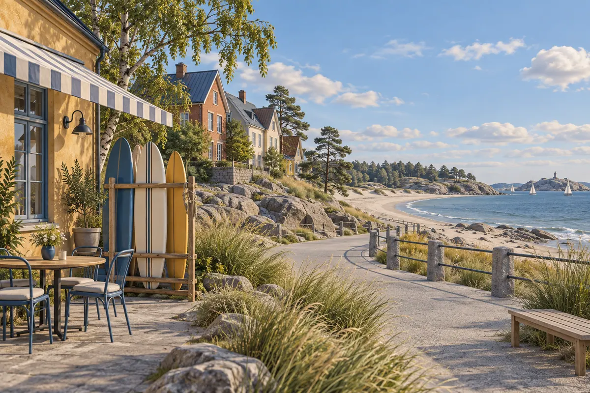 Illustration för lägenhetsbyte i Varberg med surfbräda och strandpromenad.