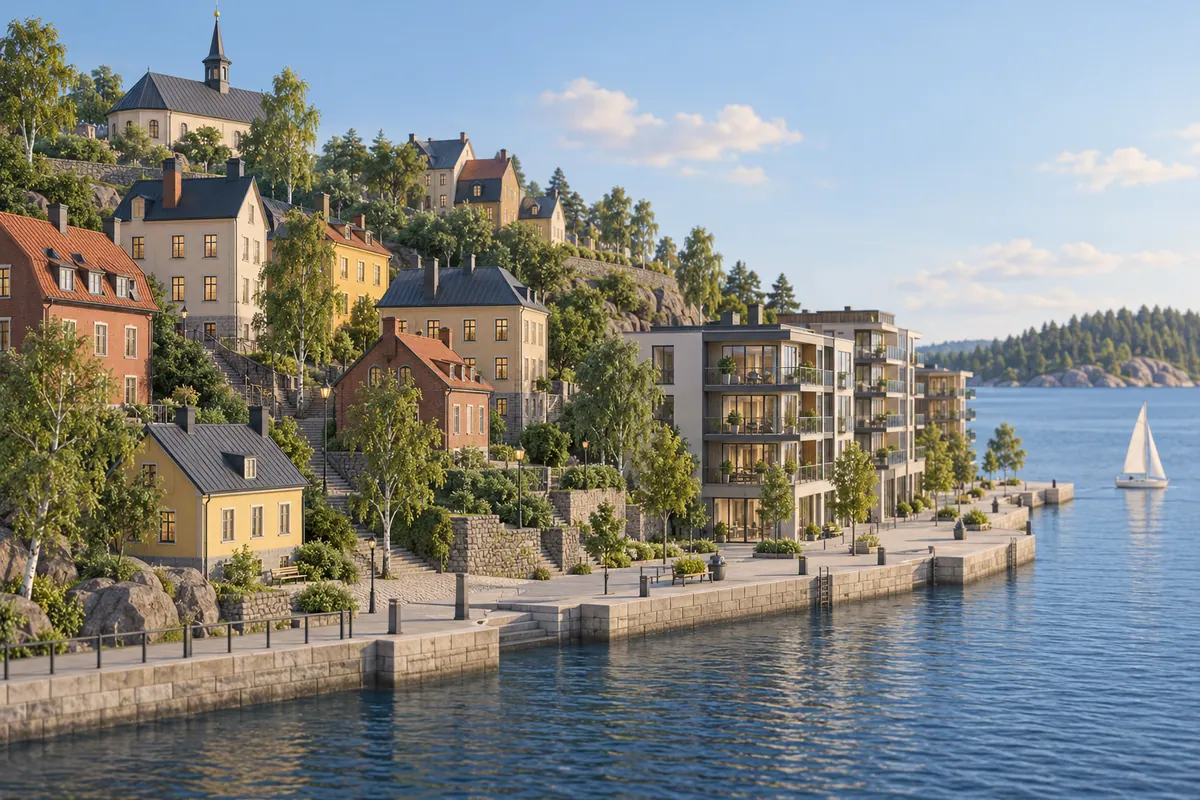 Illustration för lägenhetsbyte i Västerås med mälarstrand och kuperade gränder.