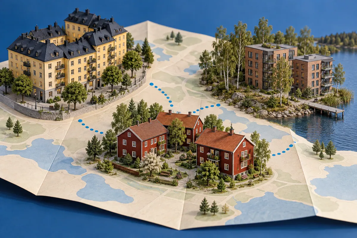 Illustration av lägenhetsbyten med olika bostadsmiljöer på en öppen karta.